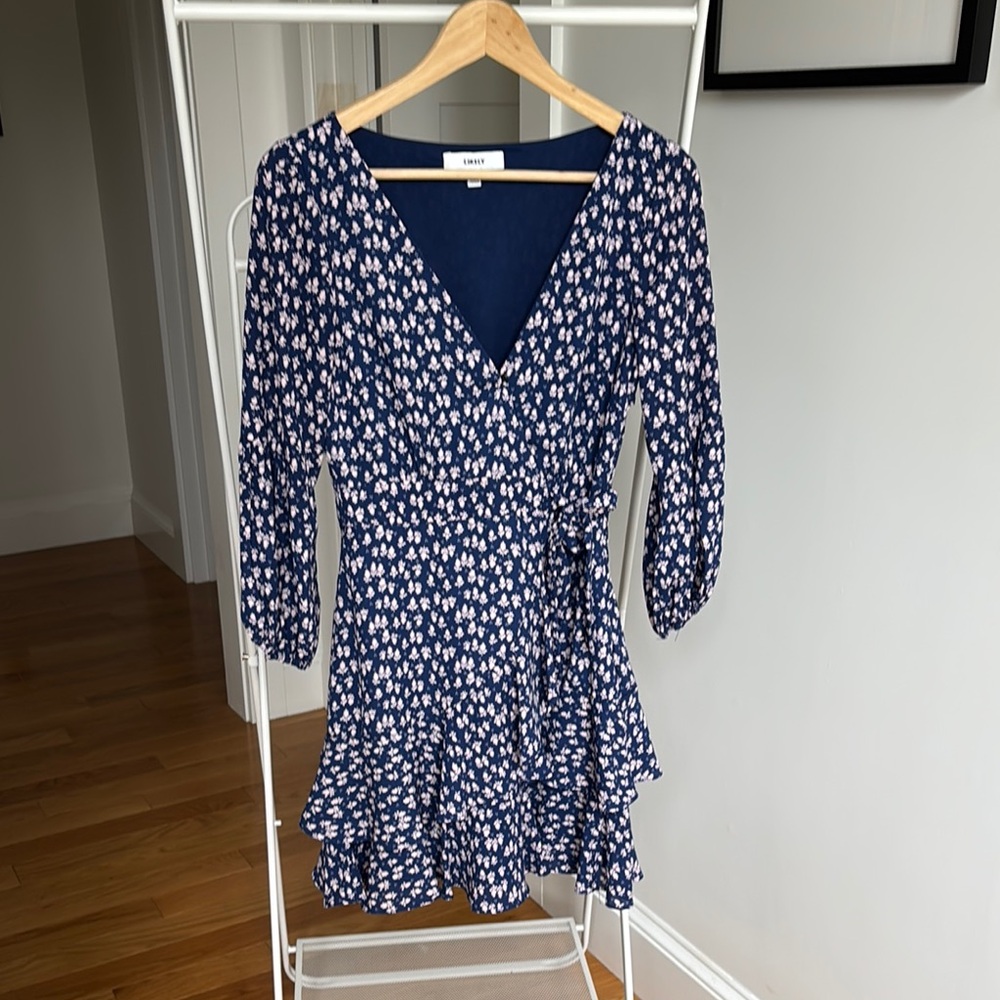 Likely Blue and White Ruffled Wrap Mini Dress